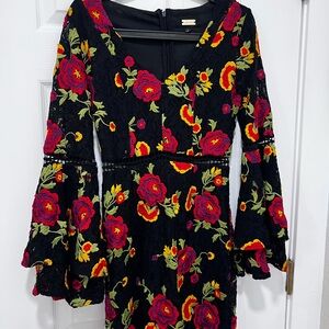 Black Lace Dress with Red & Yellow Floral Embroidery